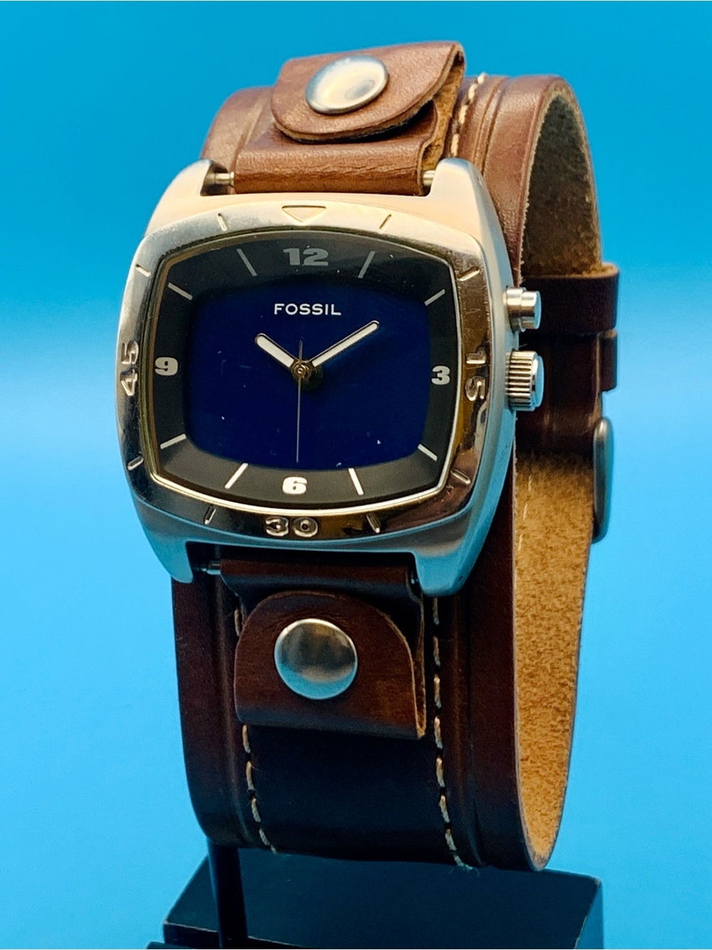 FOSSIL BIG TIC AM-3741 Men’s Vintage Quartz Wristwatch Bund Band Works New Batt